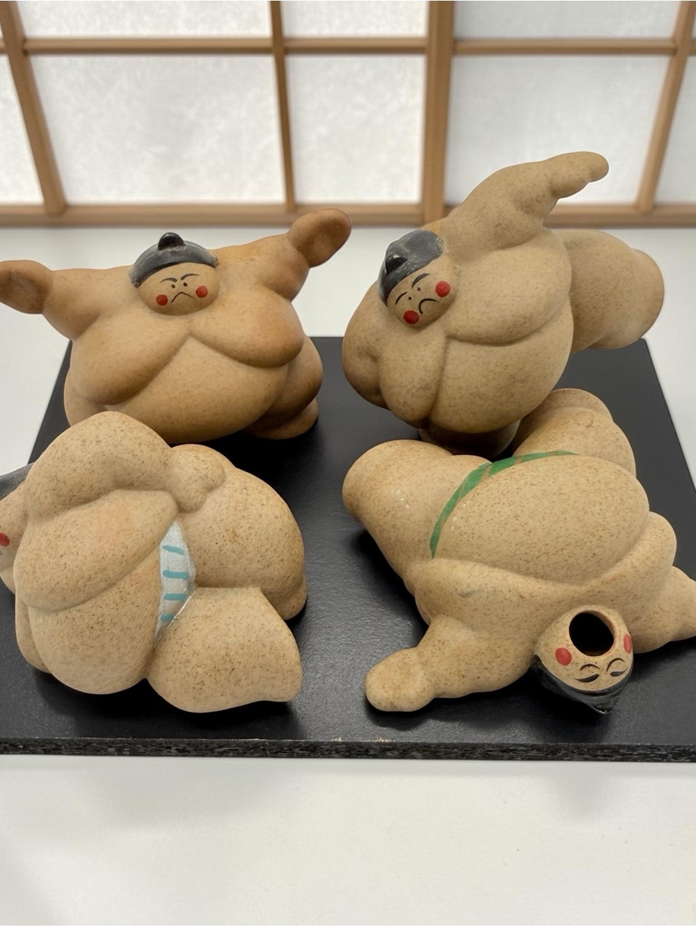 Grand Sumo Wrestler Shiko Shikiri Akubi Hirune Figures Set of 4 Ceramic Japan